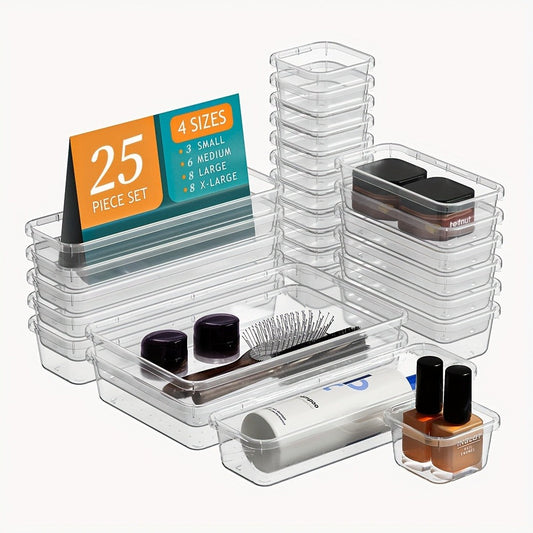 Drawer Storage Organizer Set 25-Piece Transparent PET Boxes for Vanity, Desk and Dresser Use