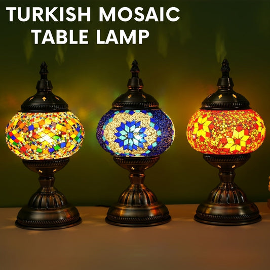 Table Lamp with Mosaic Glass Globe, Metal Base, Seven Color or Pack Options and Three White-Light Modes