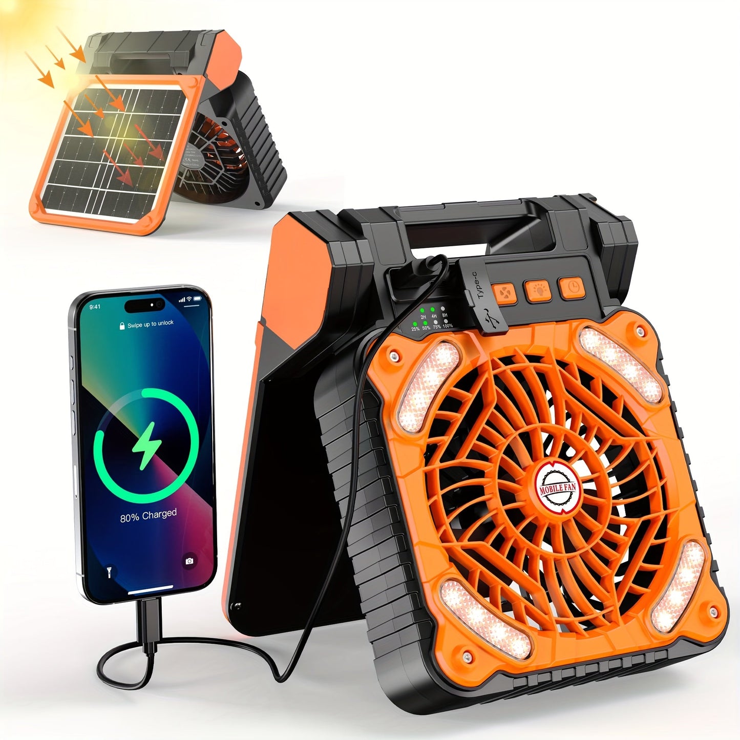 Solar Camping Fan and Light with Folding Panel, USB-C Input, Timer Controls and Three Color Options