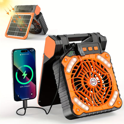 Solar Camping Fan and Light with Folding Panel, USB-C Input, Timer Controls and Three Color Options