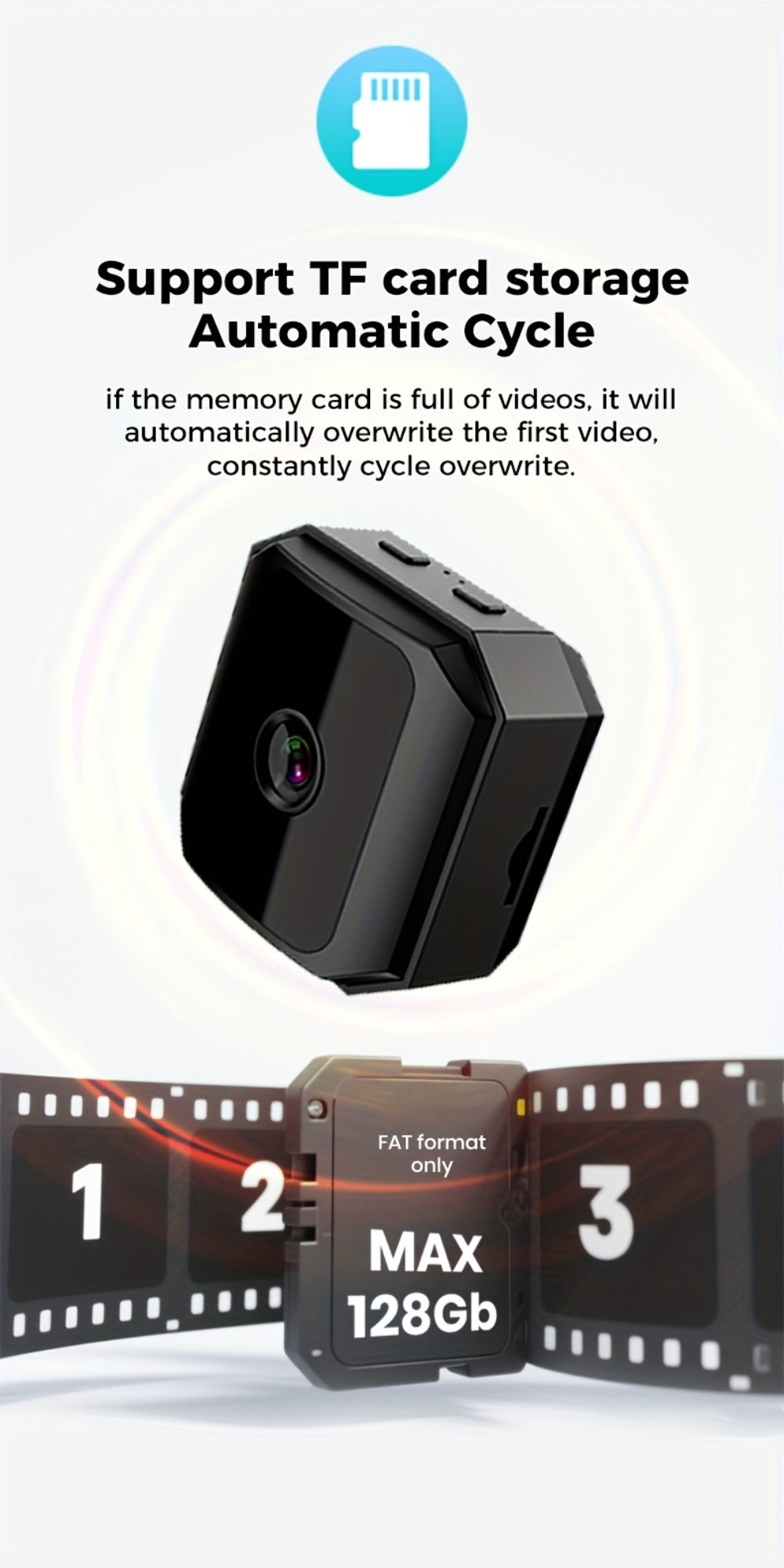 Security Camera Mini Plug-In Black Model with Night Vision, Motion Alerts, Flexible Stem and Local TF Storage