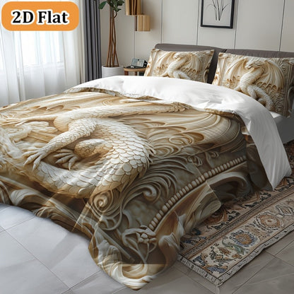 3-Piece Duvet Cover Set with Ivory Coiled Dragon Print, Ornate Carved-Look Artwork and Four Sizes