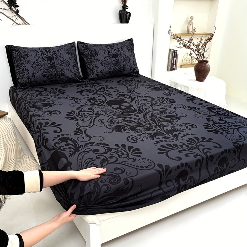 Gothic Skull Fitted Sheet Set 3-Piece – Victorian Baroque Halloween Bedding | 1 Deep Pocket Fitted Sheet + 2 Pillowcases | Machine Washable Hypoallergenic Polyester | Twin Full Queen King