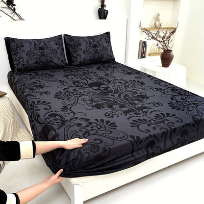 Gothic Skull Fitted Sheet Set 3-Piece – Victorian Baroque Halloween Bedding | 1 Deep Pocket Fitted Sheet + 2 Pillowcases | Machine Washable Hypoallergenic Polyester | Twin Full Queen King