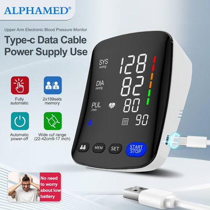 Blood Pressure Monitor by ALPHAMED U82RH, Upper-Arm Curved LED Device with USB Power and 2 x 199 Memory