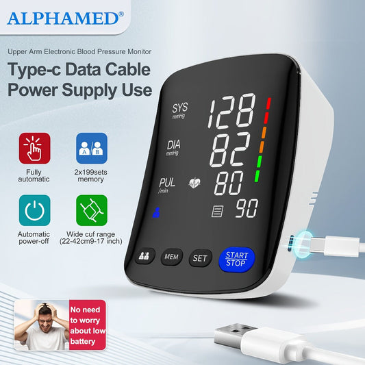 Upper Arm Blood Pressure Monitor - ALPHAMED U82RH Automatic BP Monitor, USB Powered, 8.7-17" Cuff, 2×199 Memory, LED HD Curved Screen, Intelligent Design for Elderly & Family Home Use