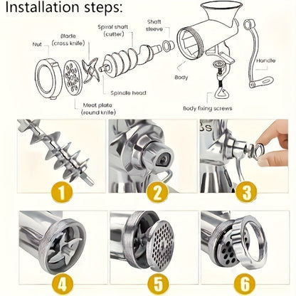 Size 5 Manual Meat Grinder with Table Clamp, Hand Crank, Cutting Plate, Blade and Sausage Nozzle
