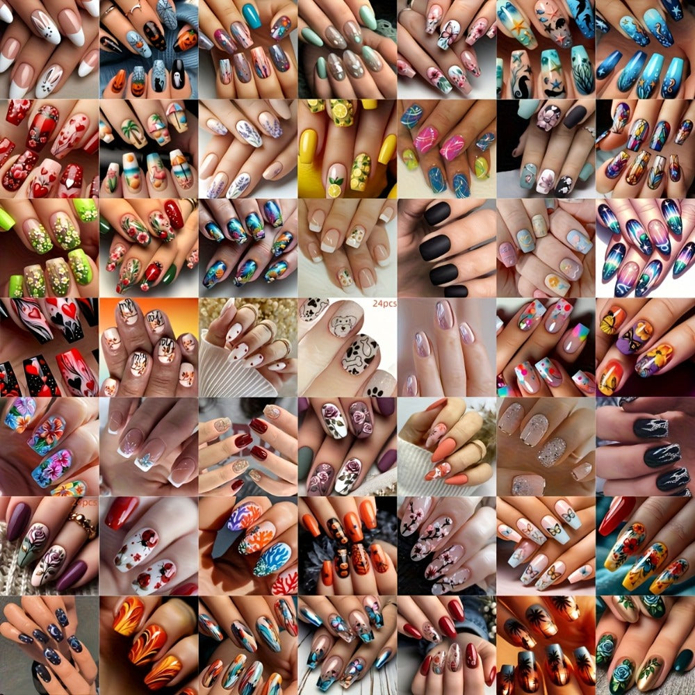Press On Nails 216-Piece Nine-Set Random Mixed-Color Rhinestone Glossy Middle-Length Collection