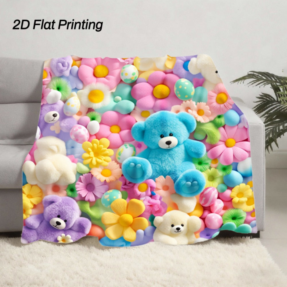 Colorful Teddy Bear Throw Blanket with Flower Print, White Reverse Surface and Single 40 x 50-Inch Size