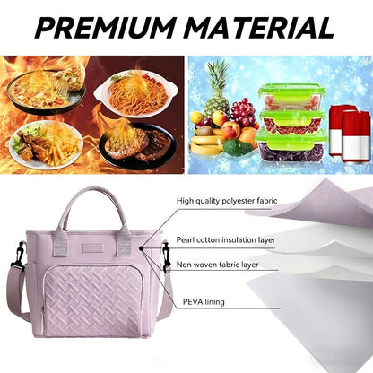 11L Quilted Lunch Bag Tote with Front Zipper Pocket, Side Tissue Pocket, Strap and Four Colors