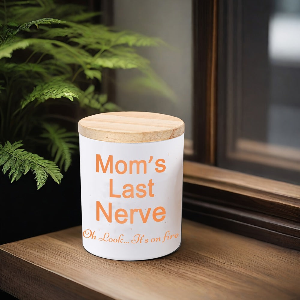 6oz Lavender-Labeled Candle in White Glass Jar with Wood Lid, Single Wick and Mom Message Artwork