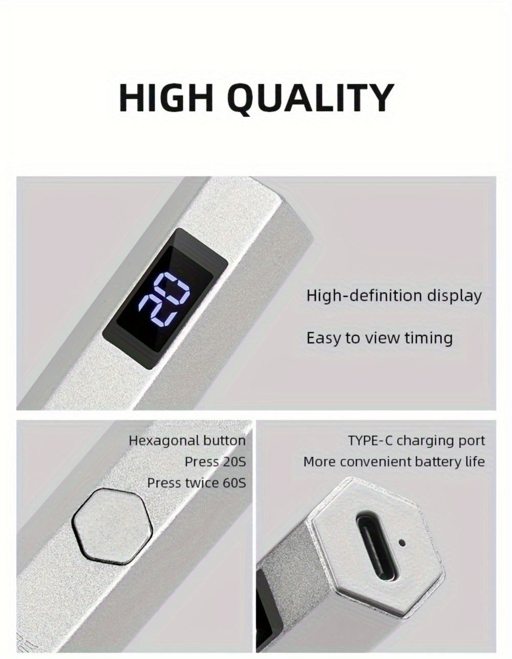 Handheld UV LED Nail Lamp with Magnetic Stand, 20/60s Timer Display, Type-C Port and Five Colors