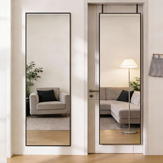 Full Length Mirror 47x14 – Over the Door or Wall Mounted Hanging Mirror, Aluminum Alloy Frame, Full Body Dressing Mirror for Bedroom, Living Room & Entryway, Arched & Rectangular, Black & Gold