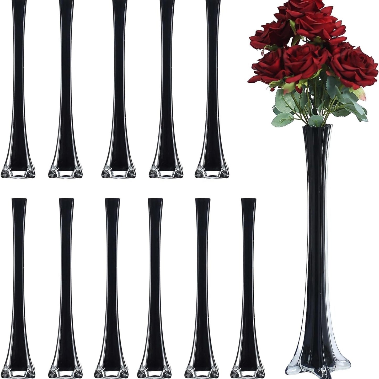 Eiffel Tower Vase Pack of 12 – Tall Glass Flower Vases for Wedding Centerpiece, Event Table Decor, Floral Arrangements & Party Decoration, Clear Black White, 12" 16" 20" 24" Sizes