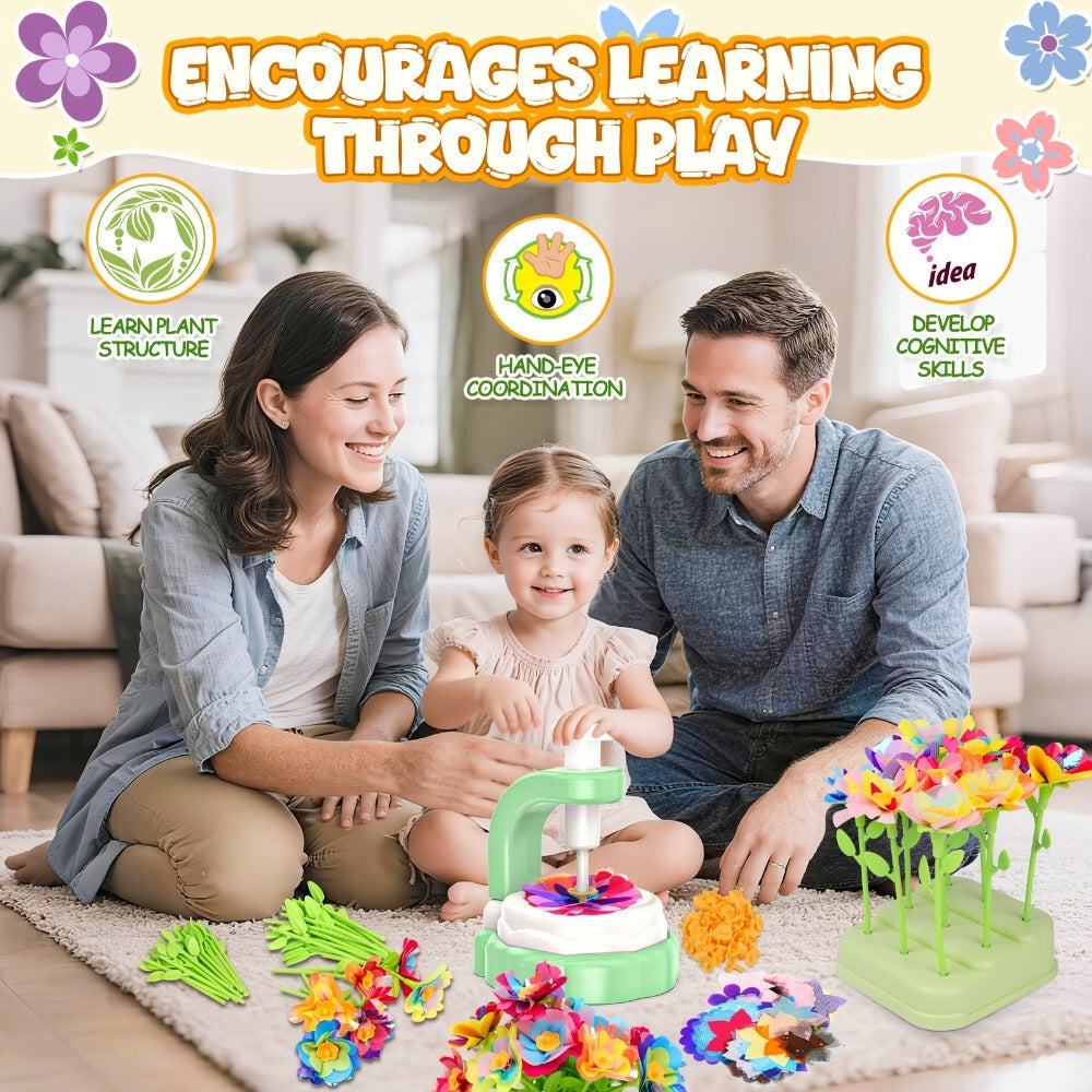 Flower Bouquet Maker Craft Kit with Hand-Operated Tool, Fabric Petals, Stems, Centers and Display Bases