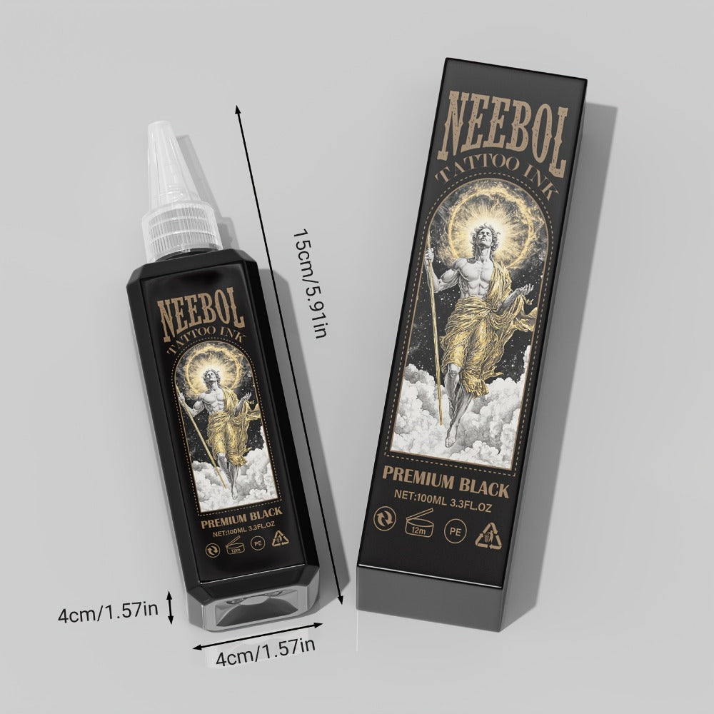 Black Tattoo Ink 3.38oz 100ml - Neebol Premium Super Dark Formula for Outlining Shading Blending, Long-Lasting Fade-Resistant Body Art Ink for Professional Tattoo Artists & Beginners