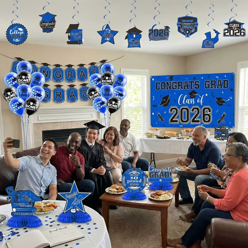 Party Decorations Class of 2026 Graduation Set with Backdrop, Banner, Swirls and Table Pieces in Five Colors