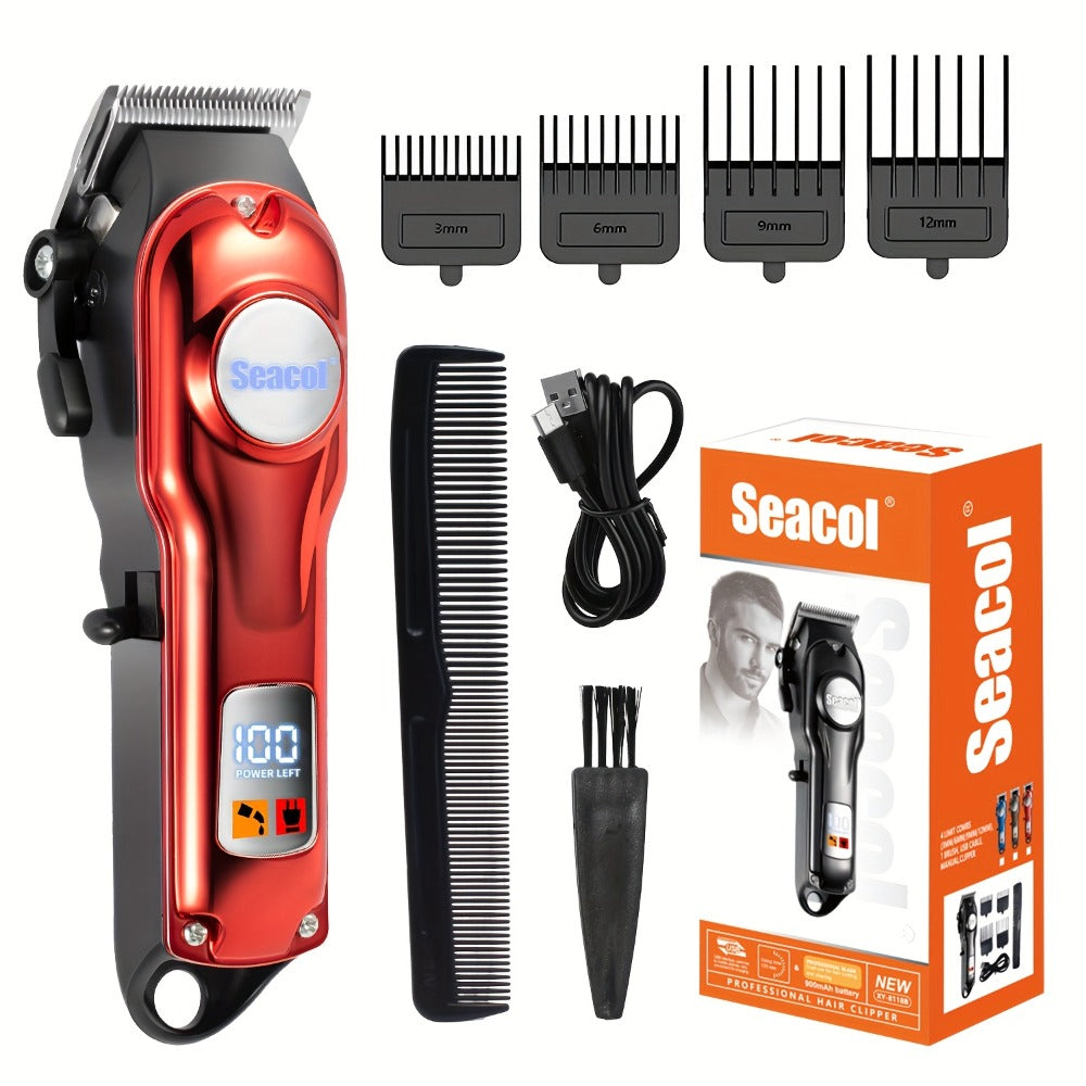 Hair Clipper Seacol Red Cordless Trimmer with LCD Display, USB Charging, Four Guide Combs and 120-Minute Runtime