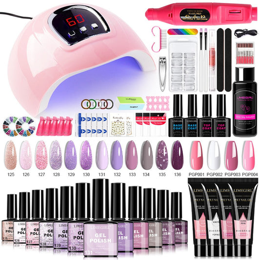 Gel Nail Polish Kit with UV Lamp & Electric Nail Drill - 12 Colors Gel Polish Set, Poly Extension Gel, Top & Base Coat, Glitter Nail Art Complete Starter Set for Home Salon, Beginner Gift
