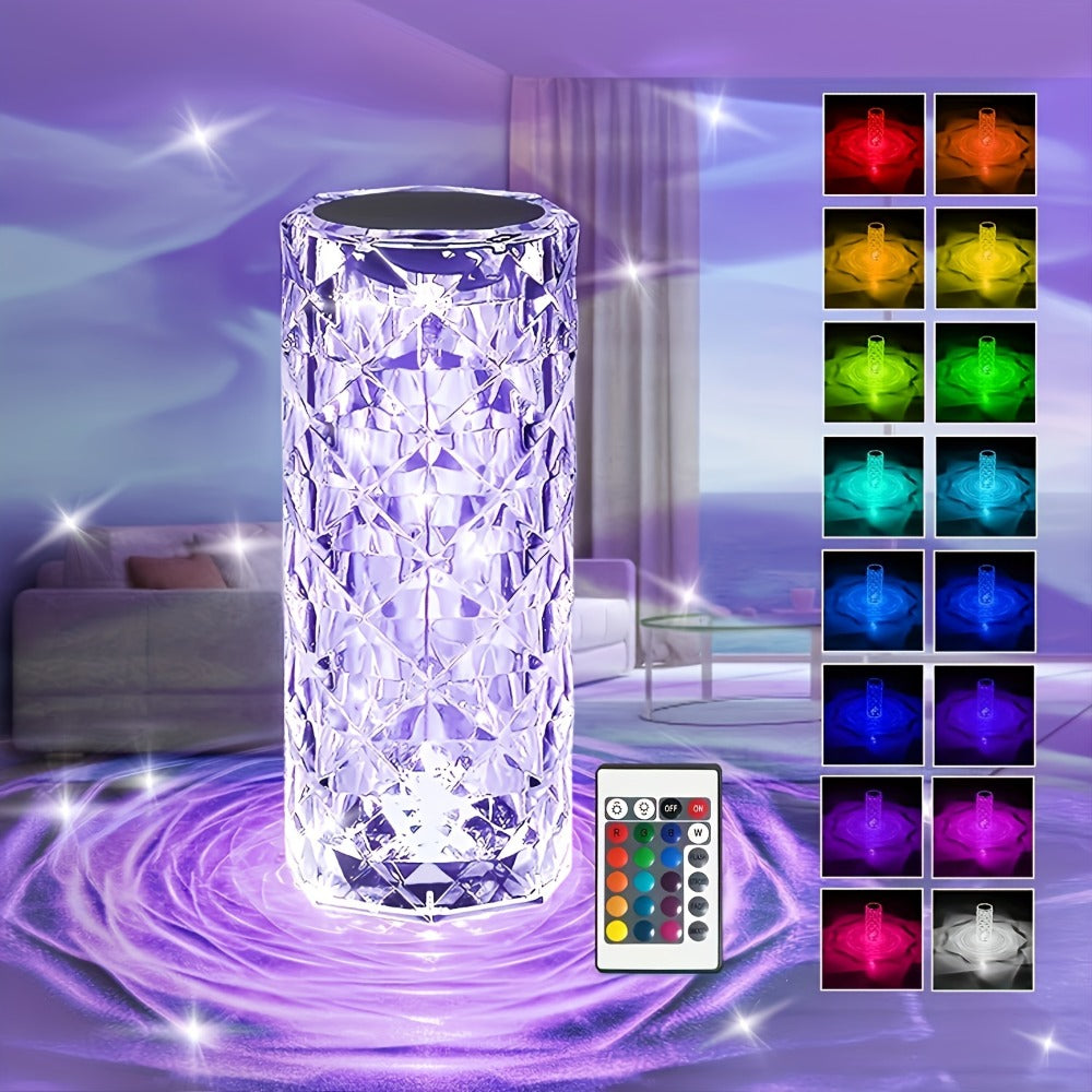 Table Lamp with Diamond-Cut Acrylic Shade, 16 RGB Colors, Remote and Touch Controls, Four Modes