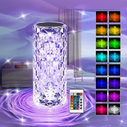 Table Lamp with Diamond-Cut Acrylic Shade, 16 RGB Colors, Remote and Touch Controls, Four Modes