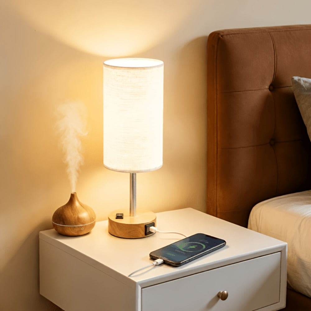 Dimmable Table Lamp with USB Charging Ports & AC Outlet - 3-Way Touch Control Bedside Nightstand Lamp, 6W LED Bulb Included, Wood & Metal Base, Modern Desk Light for Bedroom, Living Room & Office (1 or 2 Pack)