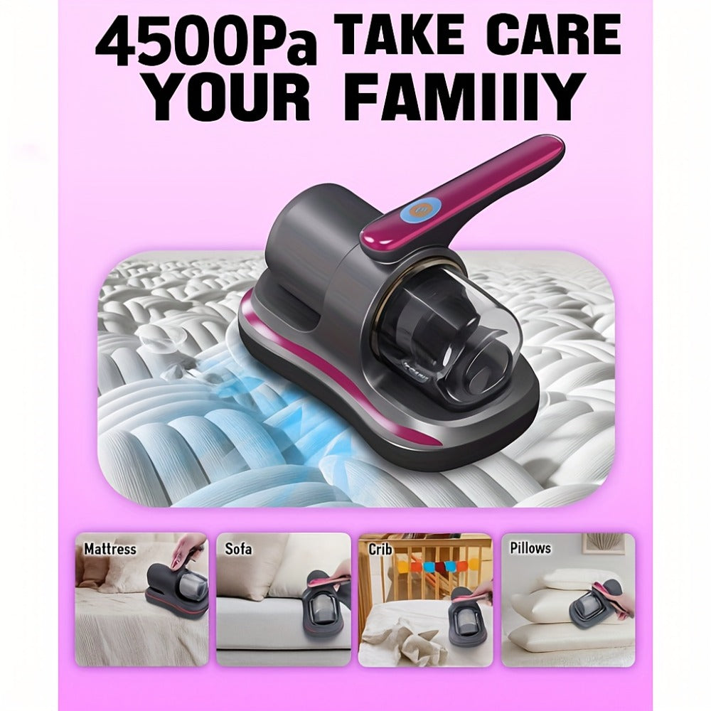 Cordless Mattress Vacuum Cleaner with 4500Pa Label, Two-Speed Control, Clear Dust Cup and Purple Trim