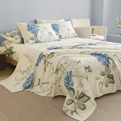 Four-Piece Floral Polyester Sheet Set with Fitted and Flat Sheets, Two Pillowcases and Four Sizes