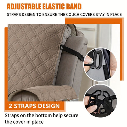 Quilted One-Piece Recliner Chair Cover with Side Pockets, Back Buckle Strap and 11 Color Options