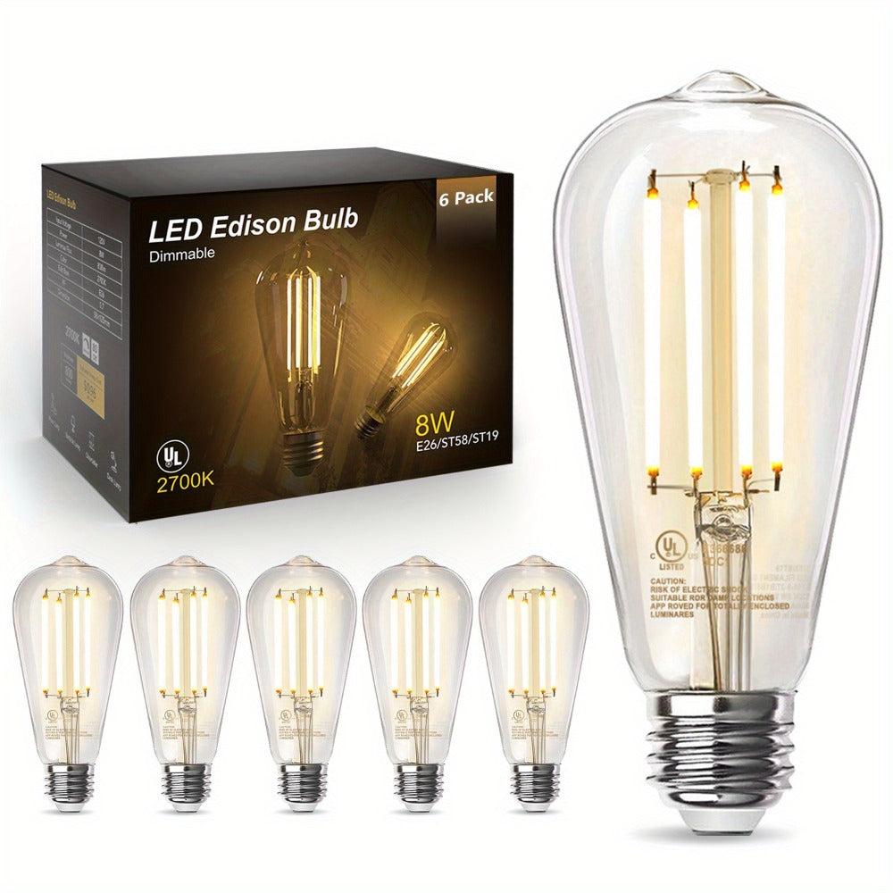 Vintage Edison LED Filament Bulbs, 8 W and 800 Lumens with Dimmable E26 Base and 2700 K Warm White, 12 Pack