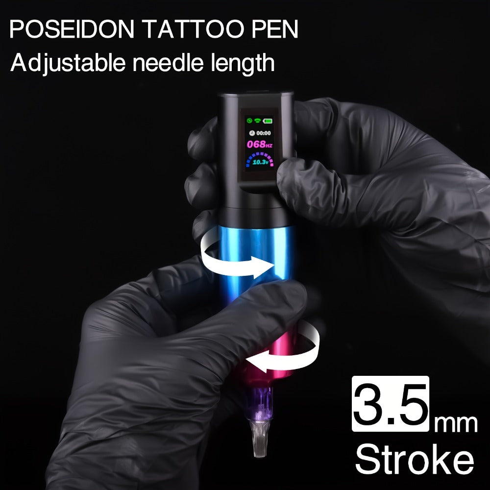 POSEIDON BT02 Tattoo Kit with Wireless Color-Screen Rotary Pen, 20 Cartridges, 11 Inks and Carry Case