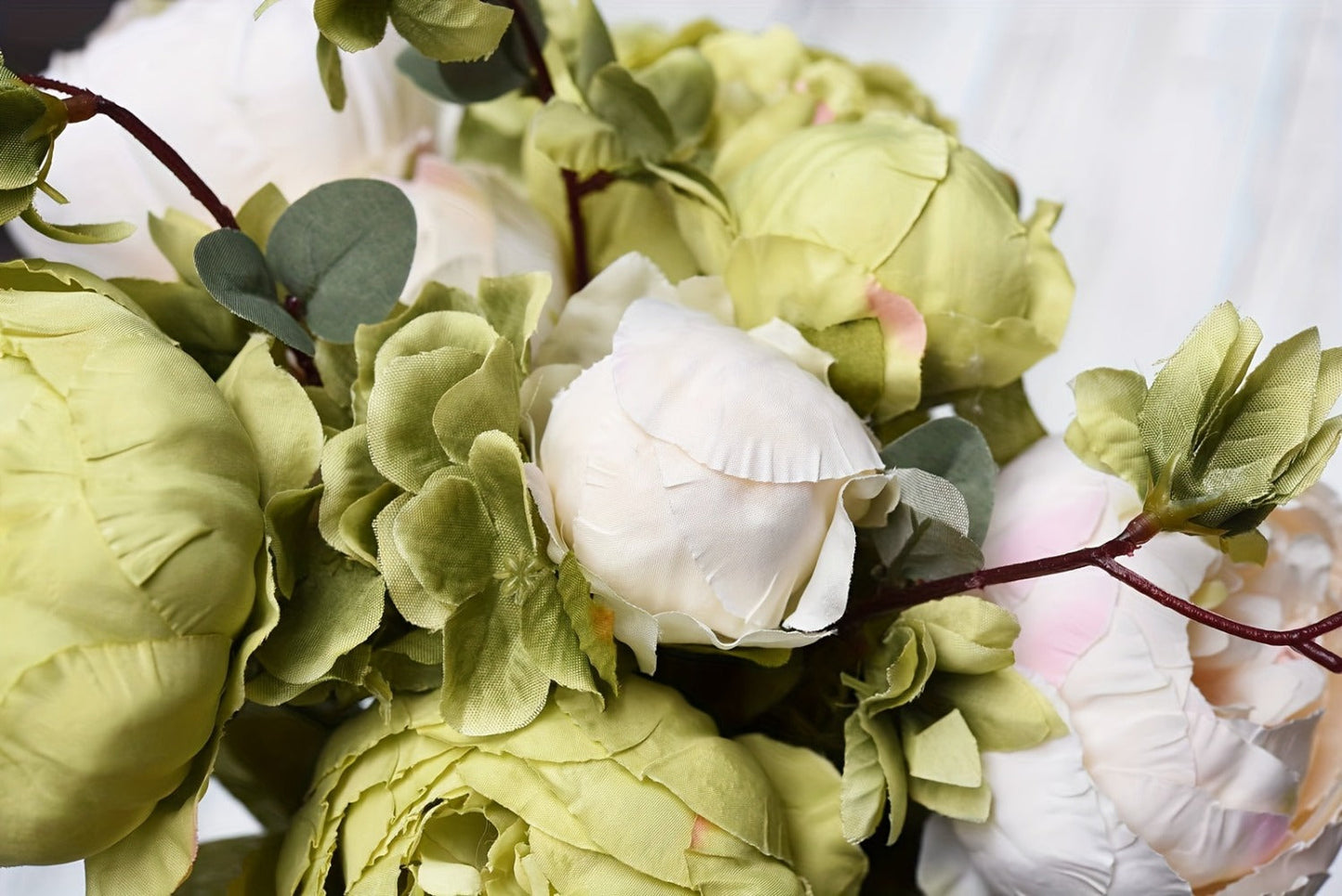 Artificial Flowers Vintage Peony and Hydrangea Bouquet in Beige and Green for Wedding and Home Decor