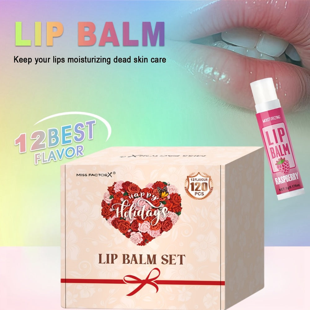 Lip Balm 120-Piece Bulk Set with 12 Flavors, Glossy Twist-Up Tubes and Divided Gift Box Packaging