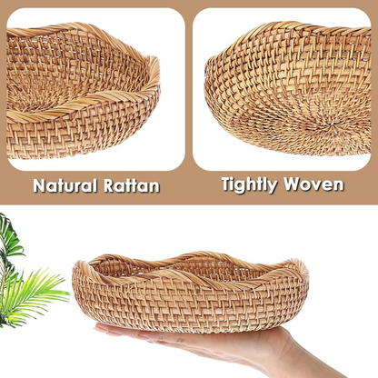 Round Woven-Look Decorative Tray with Raised Rim and Displayed 8.5-Inch Diameter in Natural Color