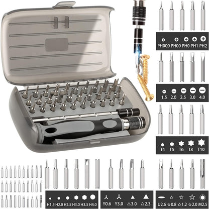 Compact 32-in-1 Precision Screwdriver Bit Set with Adjustable Extension Handle and Gray Storage Case