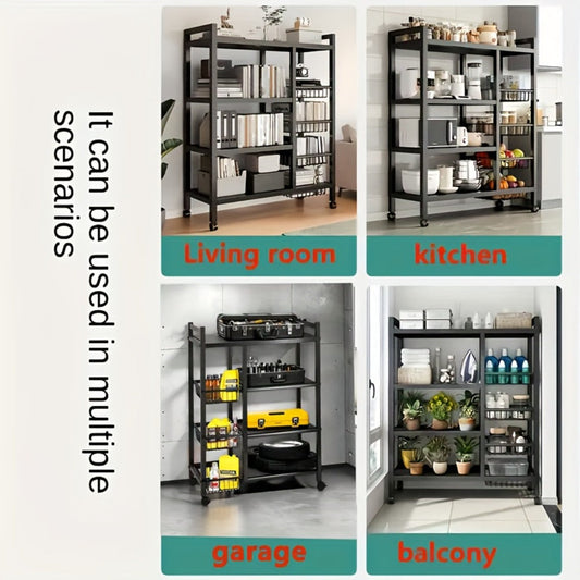 4 Tier Rolling Storage Rack with Wire Baskets Adjustable Metal Shelf on Wheels for Kitchen Pantry Bathroom Garage Closet Organizer
