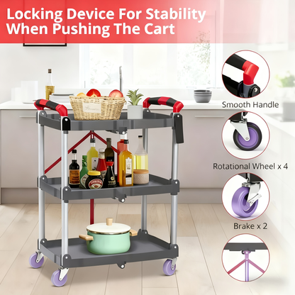 3-Tier Rolling Cart Collapsible Service Utility Cart on Wheels 56 LBS Per Shelf, Portable Folding 3 Shelf Cart Heavy Duty for Kitchen Office Garage Workshop