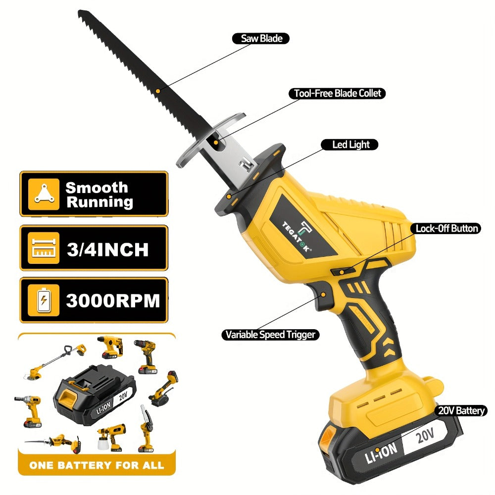 Electric Reciprocating Saw Cordless with LED Light & Safety Lock – Multi-Purpose Cutting Tool with Replaceable Blades, 1 or 2 Battery Options, Carrying Case Included