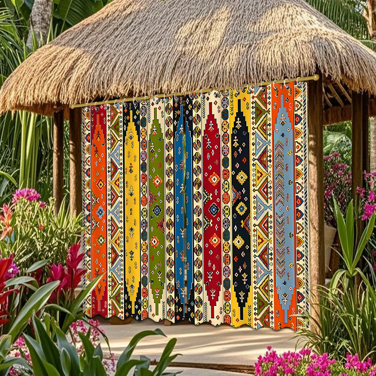 Boho Pattern Outdoor Curtain Pair in 180 cm Width with 180, 213 or 243 cm Length Options for Patio Use