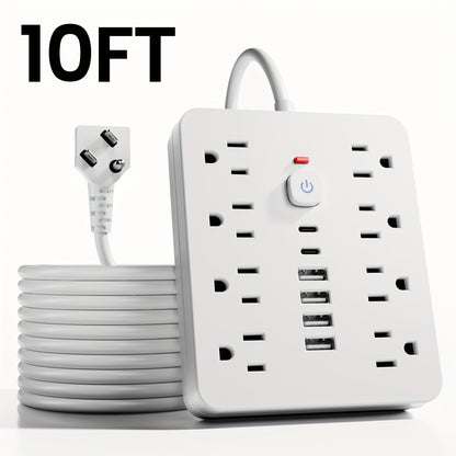 Power Strip 14-in-1 Wall-Mount Model with 8 AC Outlets, 4 USB-A, 2 USB-C and 5- or 10-Foot Flat-Plug Cord