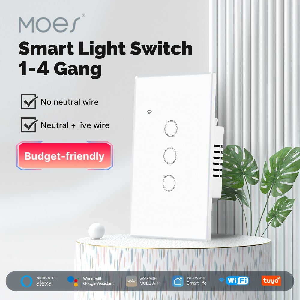 White WiFi Touch Wall Switch with One-, Two- or Three-Gang Options, 2.4GHz App Control and Dual Wiring Support