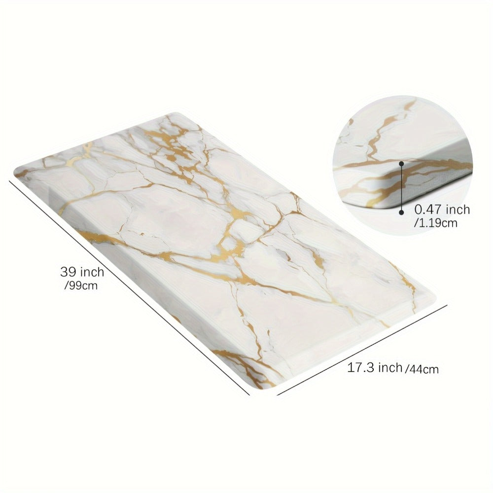 Marble-Pattern Kitchen Floor Mat in Three Exact Rectangular Sizes with Cushioned Low-Profile Form