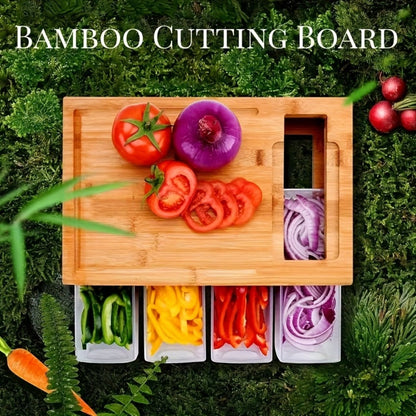 Bamboo Cutting Board with Food Container, Cheese Grater & Juice Groove - Large Wooden Chopping Board Set with Storage Box, Drain Tank for Vegetables Meat Cheese, Kitchen Prep Board with Hand Grip