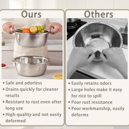 Stainless Steel Colander with Mixing Bowl Set 304 Food Grade Strainer Bowl for Washing for Home Cooking, Dining and Outdoor Meals