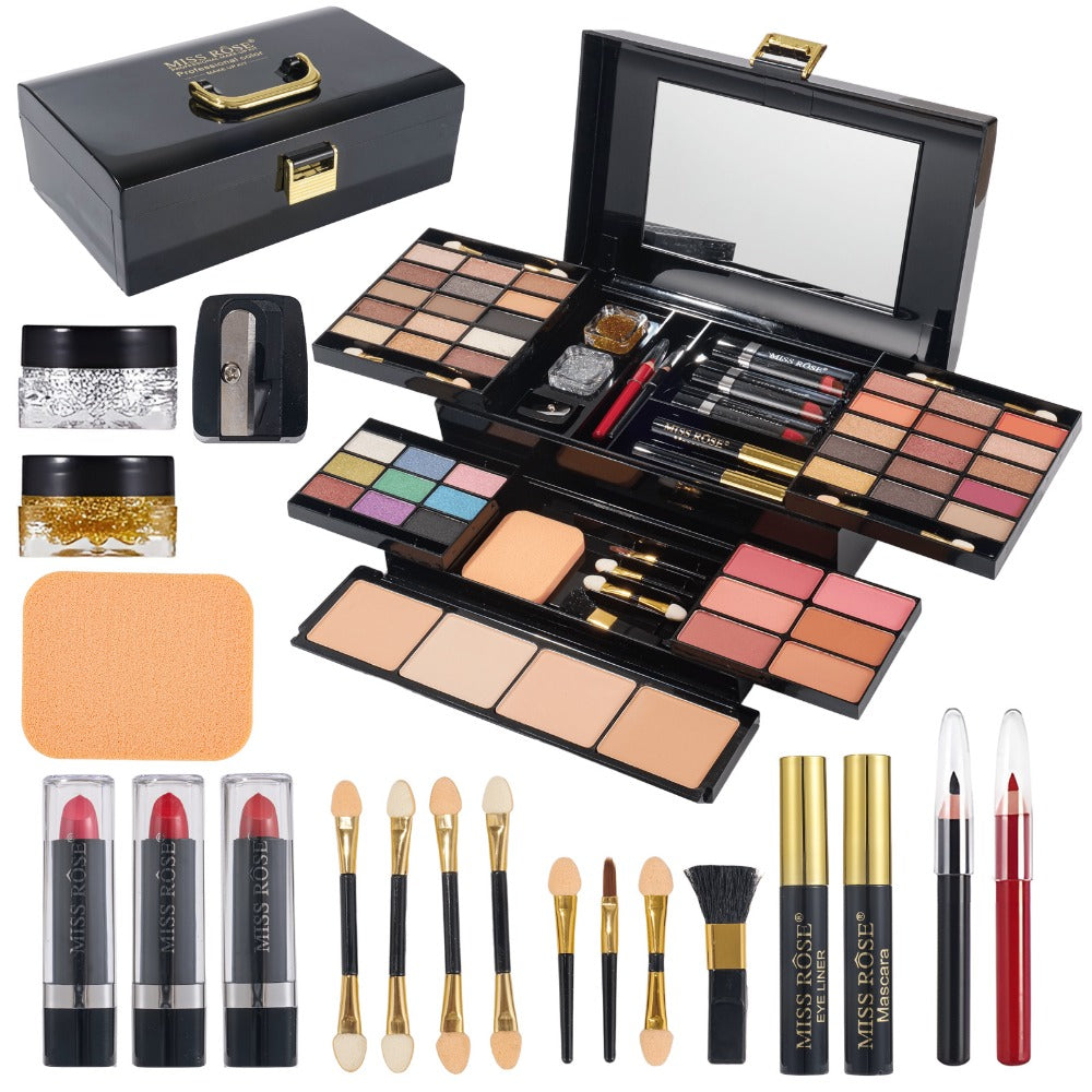 Makeup Kit 58-Color Black Mirror Case with Sliding Trays for Face, Eye and Lip Cosmetics plus Application Tools