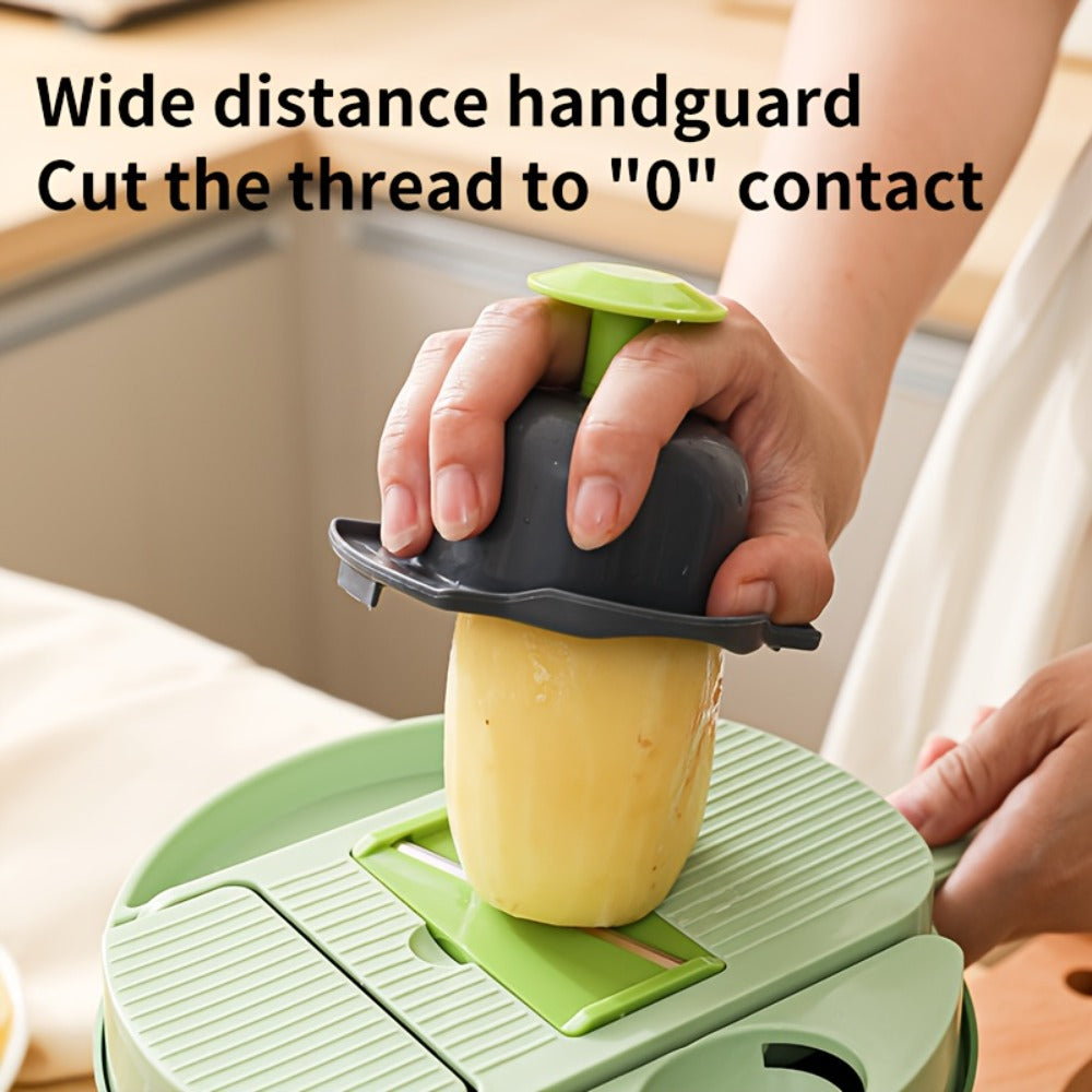 16-in-1 Green Vegetable Chopper with Round Container, Grid Dicing Plates, Slicer, Grater and Peeler Pieces