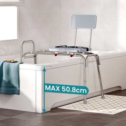 Sliding Bathtub Transfer Bench with Reversible Grey Seat, Safety Rail, Backrest and Adjustable Legs