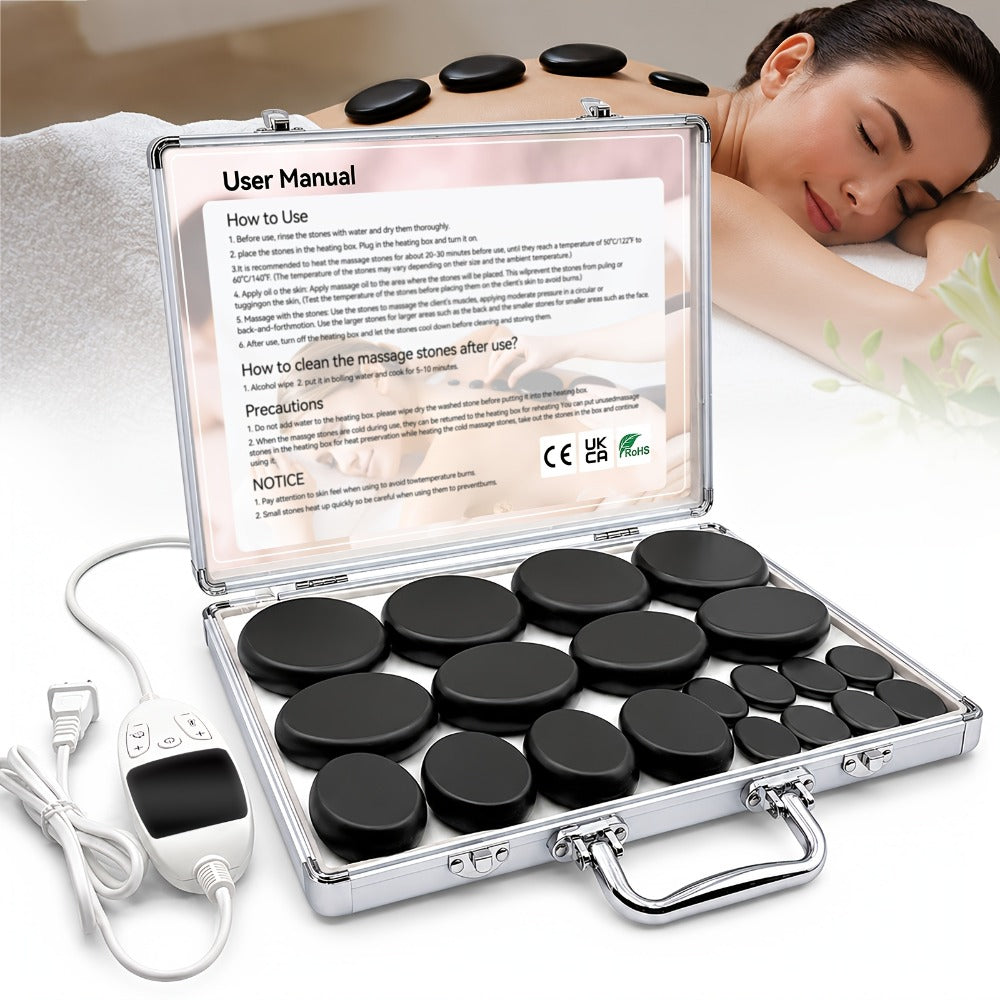 Basalt Hot Stone Massage Kit 20Pcs with Temperature Control Heater - Professional Spa Therapy Set for Full