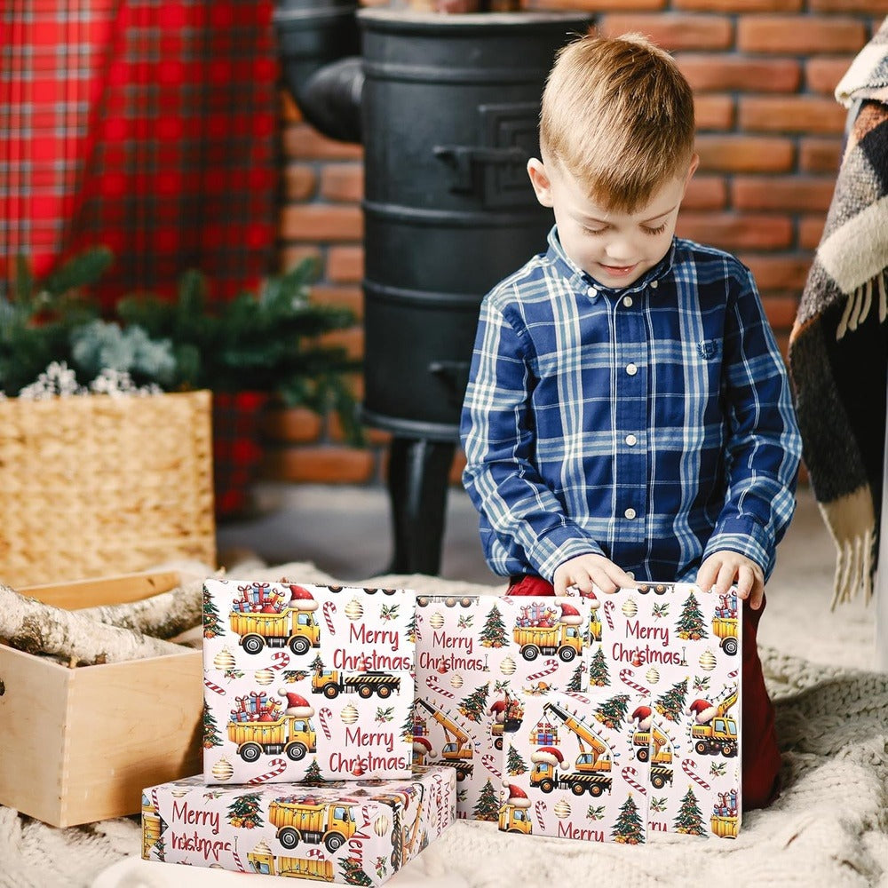 Construction Vehicle Christmas Wrapping Paper Roll with Dump Trucks, Excavators and Tractors