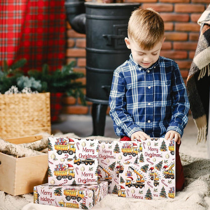 Construction Vehicle Christmas Wrapping Paper Roll with Dump Trucks, Excavators and Tractors